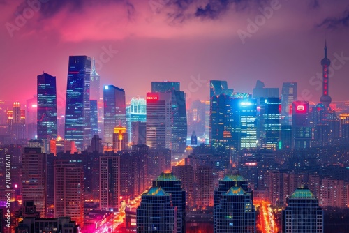 A Vibrant Cityscape With Numerous Tall Buildings Illuminated at Night, Beijingâ€™s skyline with recognizable CCTV Headquarters, AI Generated © Ifti Digital