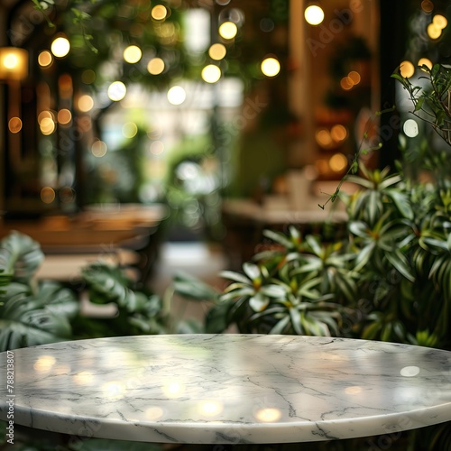 Round marble table in the middle of a restaurant with a blurred background of plants and lights.