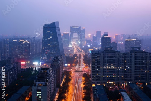 Panoramic Night View of City From Buildings Rooftop, Beijingâ€™s skyline with recognizable CCTV Headquarters, AI Generated photo