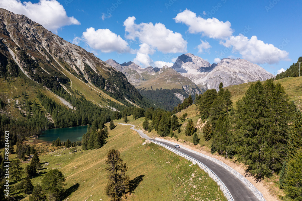 Albula, Switzerland: Dramatic landscape of the Albula mountain pass road in the alps in Canton Graubunden in Switzerland on a sunny summer day