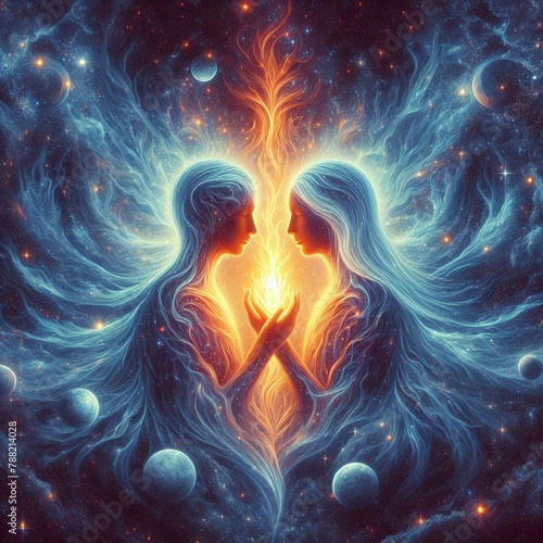 Twin flame couple. Soulmates. The concept of magical, esoteric, tantric, spiritual love. Connection between souls. Illustration for websites and much more. Created using generative ai tools.