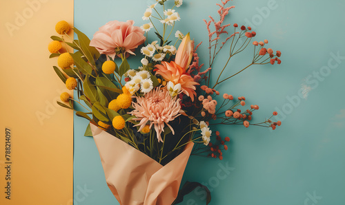 Bouquet of flowers wrapped in craft paper, pastel colors