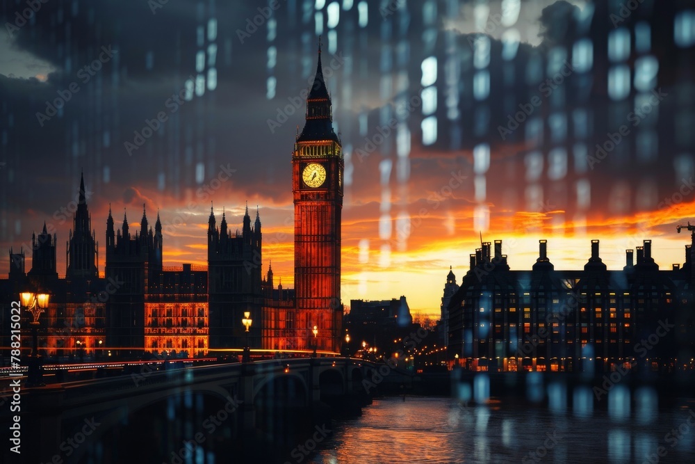 Fototapeta premium A large clock tower stands tall above a bustling city at night, illuminating the surroundings with its grand presence, Binary code taking the shape of prominent landmarks, AI Generated