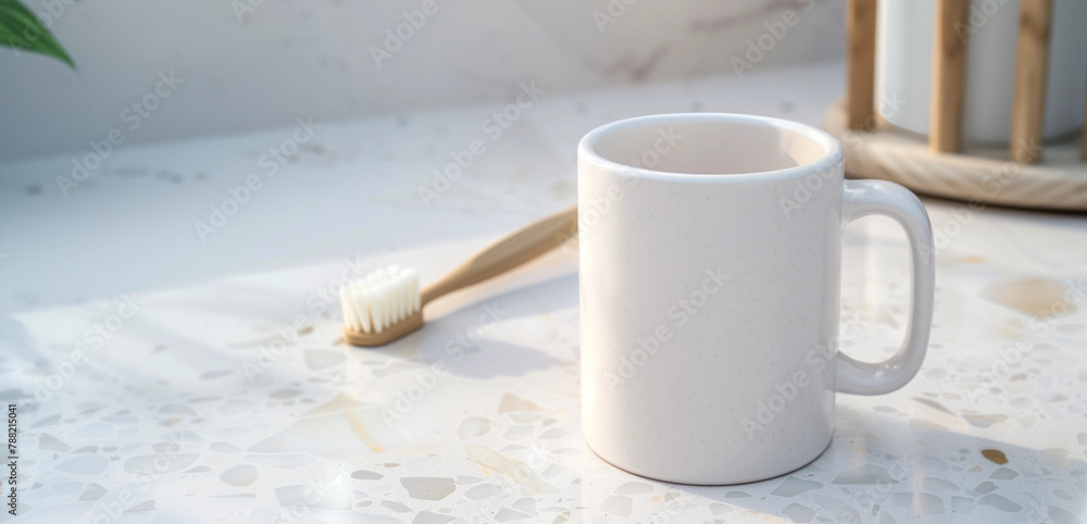 Creative white blank mug POD cup product mockup healthy toothbrush teeth dentist background empty space creative wellness oral care hygiene selfcare health cafe marketing copy space campaign