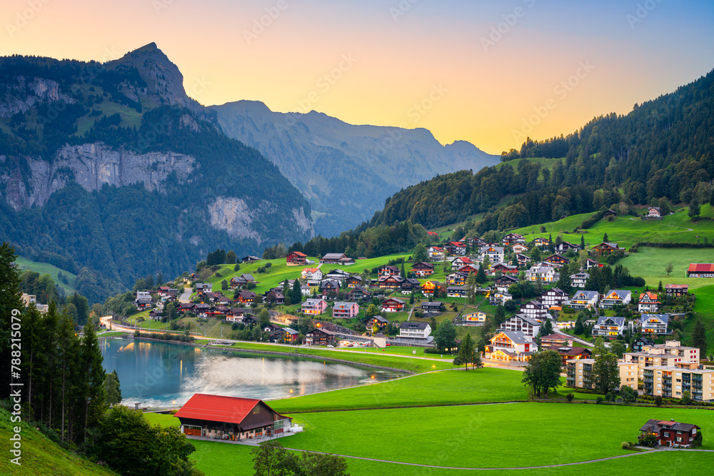 Naklejka premium Engelberg, Switzerland with Eugenisee Lake and alps