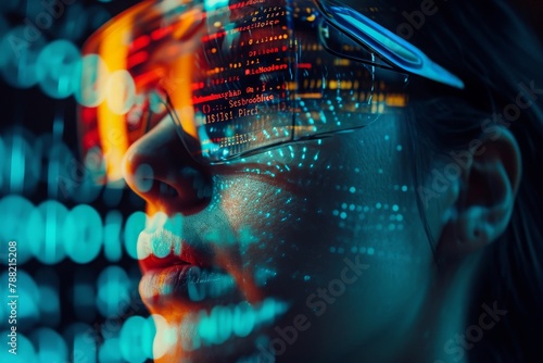 Woman Wearing Glasses With Futuristic City in Background, Binary code visualizations as a representation of virtual reality world, AI Generated photo