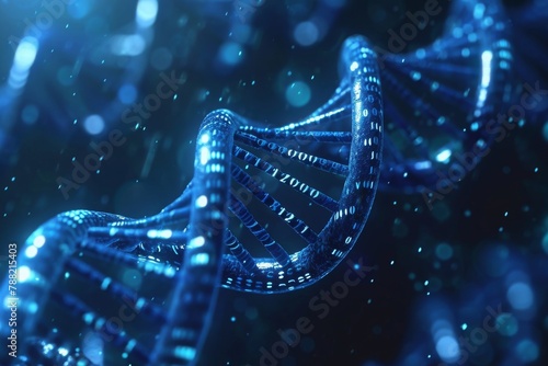 A detailed view of a prominent blue structure set against a slightly out-of-focus background, Binary code visualizing human DNA strands or chromosomes, AI Generated photo