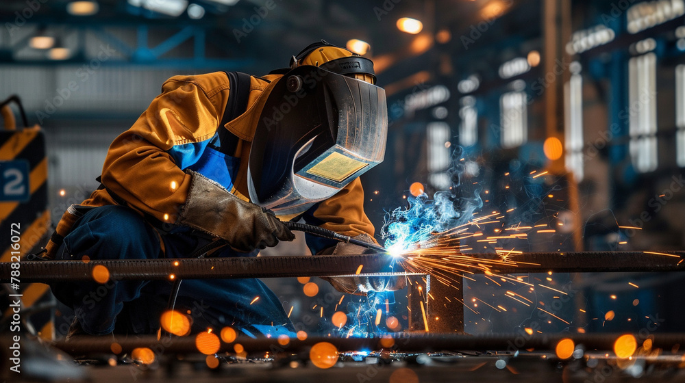 welder welds metal in factory welder welds metal in factory