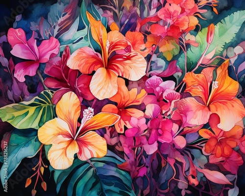 Artistic floral watercolor, dense botanical variety, vibrant hues