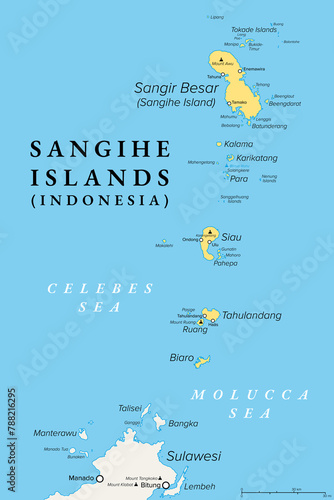 Sangihe Islands, group of islands in Indonesia, political map. Also Sangir, Sanghir or Sangi Islands, north of Sulawesi, between Celebes and Molucca Sea, with active volcanoes Mt. Awu and Mt. Ruang. photo