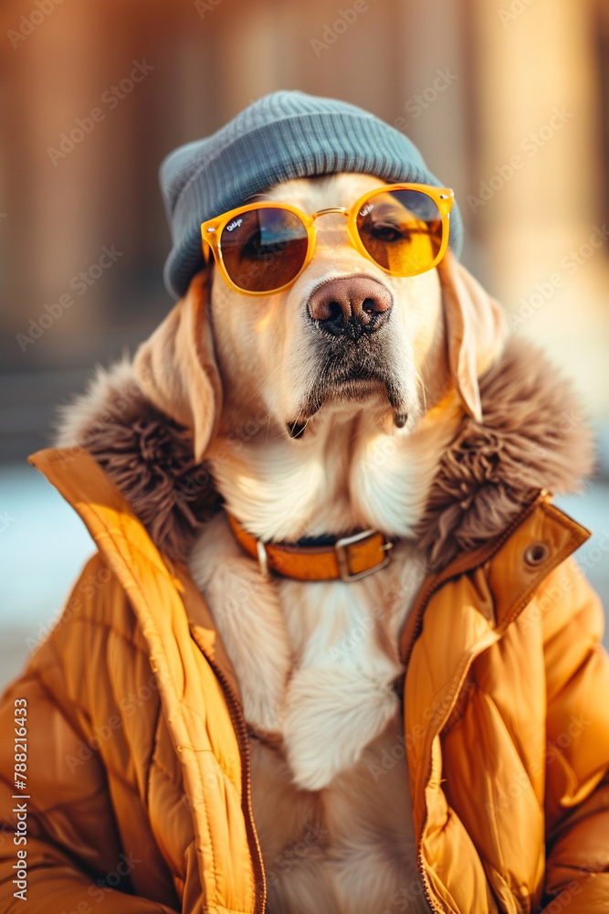 A golden retriever dog wearing a blue beanie and sunglasses, and a yellow jacket with a fur collar. A golden retriever dog wearing a blue beanie and sunglasses, and a yellow jacket with a fur collar.