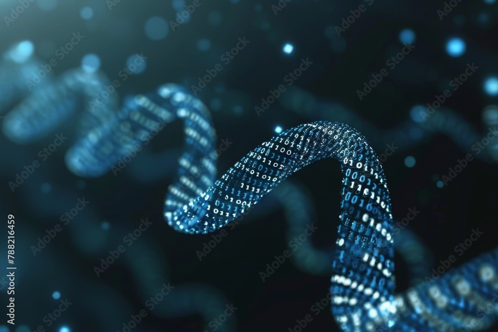 Close Up of Blue and White Structure, Binary-code themed DNA helix isolated on a dark background, AI Generated