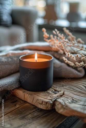 A close-up image of a lit candle in a dark room. The candle is sitting on a wooden table. There is a gray blanket and some twigs next to it. The background is blurry.