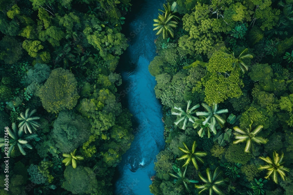 A river cutting through a dense, green forest, showcasing the breathtaking beauty of nature in action, Bird's eye view of a river flowing through a rainforest, AI Generated A river cutting through a dense, green forest, showcasing the breathtaking beauty of nature in action, Bird's eye view of a river flowing through a rainforest, AI Generated