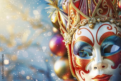 Revel in Festive Moods: Join the Colorful Celebration of Theatrical Expressions and Character Portrayals with Bejeweled Masks at Elegant Celebrations © Leo