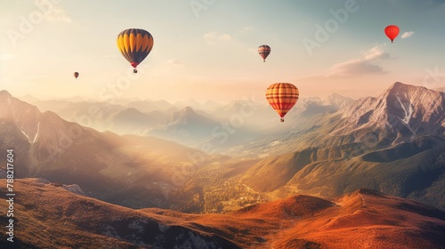 Colorful hot air balloons flying over mountains. Cartoon vector illustration. photo