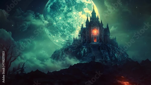 A photo of a majestic castle situated on a hill, with a full moon shining brightly in the background, Glowing haunted mansion on a hill overlooked by a full moon photo