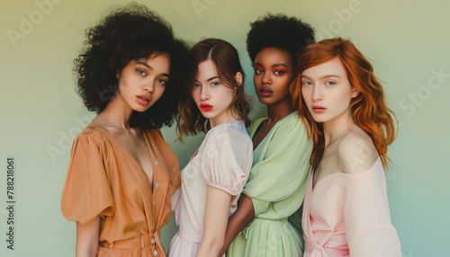 Group of beautiful multiethnic young women together, diverse models posing on studio background © rohappy