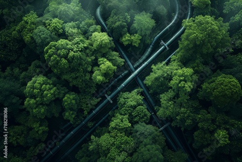 A scenic photo featuring a winding road cutting through a dense forest landscape, Birdâ€™s eye view of pipelines cutting through a dense forest, AI Generated