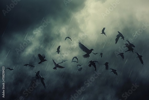 A large group of birds flying together through a cloudy sky, creating a dynamic and powerful visual display, Birds fleeing from an approaching storm, AI Generated photo