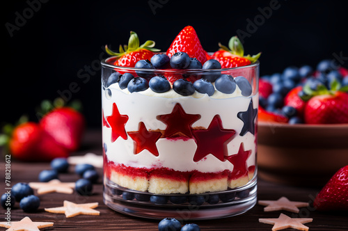 Fourth of July Berry Trifle. Portion of festive dessert in a glass with layers of cream, fresh berries, vanilla cake, and jelly stars in patriotic red, white, and blue colors. 