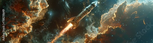 A high-detail 3D model of a rocket navigating through a surreal space landscape with nebulous formations and twinkling stars