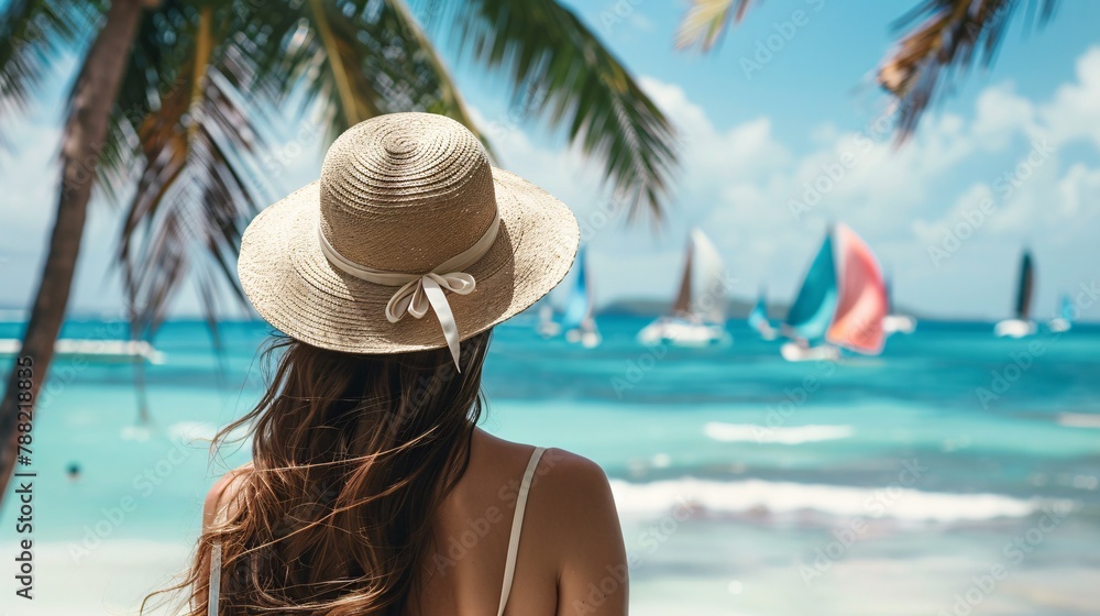 Woman in a sunhat overlooking a tropical beach with colorful sailboats drifting by under the summer sky