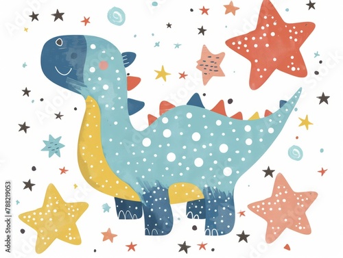 Cute Dinosaur with Stars and Leaves