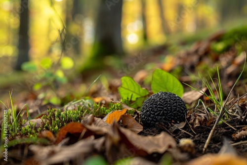 A small black object is seen sitting amidst the trees in a forest, Black Perigord Truffle nestled in a forest ground, AI Generated photo