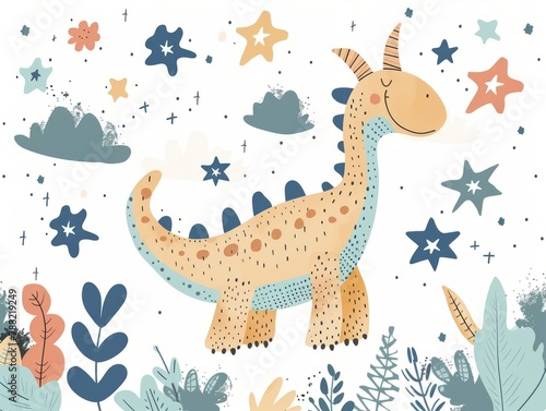 Cute Dinosaur with Stars and Leaves