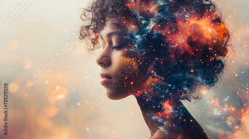 Cosmic dreamer - woman and nebula: surreal double exposure portrait of a woman with a cosmic nebula, evoking dreams and the universe photo
