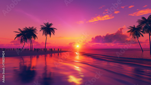 a breathtaking sunset beach scene with the sky ablaze with hues of orange, pink, and purple, silhouetted palm trees swaying in the gentle breeze. Generative Ai