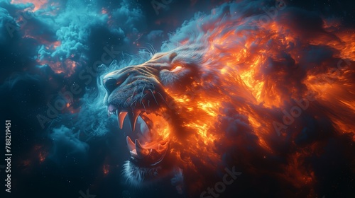 Cosmic lion's roar in nebula: surreal digital art of a lion's snout roaring amidst a fiery cosmic nebula photo