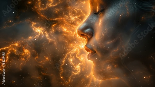 Cosmic dreams - surreal woman and nebula: Creative visual of a woman's profile blended with a glowing cosmic nebula, evoking a dreamlike universe