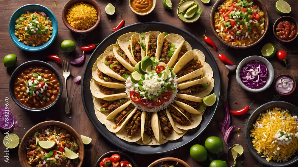 top view shoot of Mexican cuisine food for cinco de mayo celebration like tacos and other