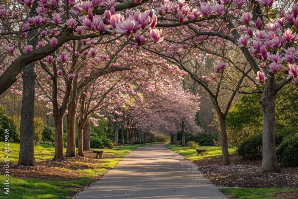 A pathway surrounded by trees with vibrant pink flowers, creating a stunning scenery, Blooming magnolia trees adorning an alley in a springtime park, AI Generated
