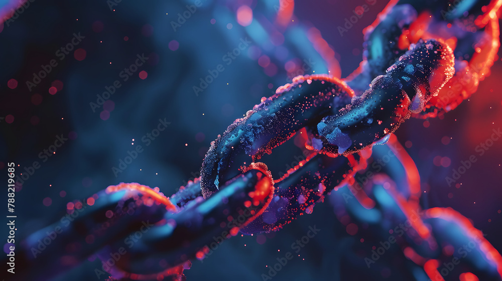 Close up of a chain with a glowing red and blue light in the background. Concept of Connection. Close up of a chain with a glowing red and blue light in the background. Concept of Connection.