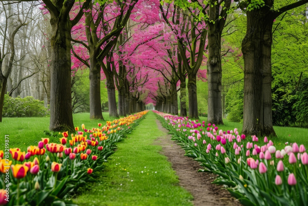 Naklejka premium A scenic pathway, filled with vibrant flowers, runs alongside a row of majestic trees, Blooming tulip tree alley in a picturesque park, AI Generated