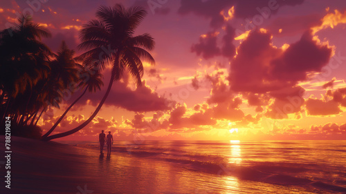 a breathtaking sunset beach scene with the sky ablaze with hues of orange, pink, and purple, silhouetted palm trees swaying in the gentle breeze. Generative Ai © mittpro