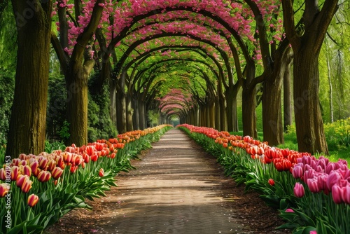 A pathway flanked by numerous trees and vibrant flowers, creating a lush and colorful environment, Blooming tulip tree alley in a picturesque park, AI Generated