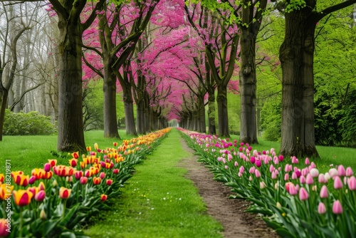 A scenic pathway, filled with vibrant flowers, runs alongside a row of majestic trees, Blooming tulip tree alley in a picturesque park, AI Generated