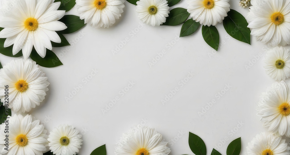 Fototapeta premium White flower bouquet border. Flat lay, top view. Floral frame template for web, wedding invitation, Mothers and Womans day. Floral composition with copy space