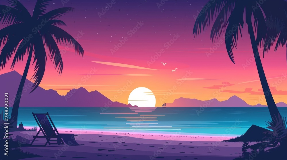 A beach scene with a chair and palm trees at sunset, AI