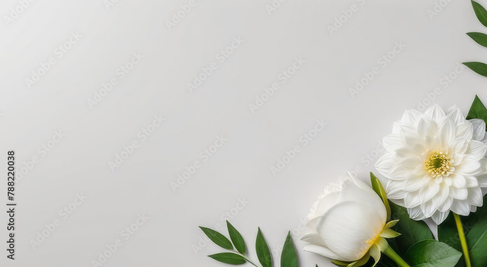 White flower bouquet border. Flat lay, top view. Floral frame template for web, wedding invitation, Mothers and Womans day. Floral composition with copy space