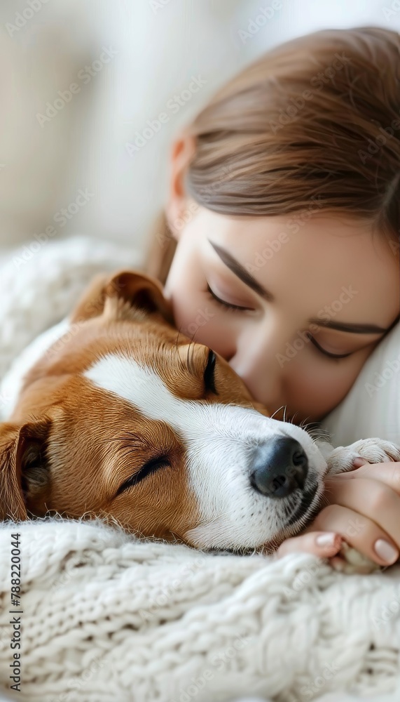 Obraz premium Young woman and dog peacefully sleeping together on a comfortable white bed in a cozy home setting