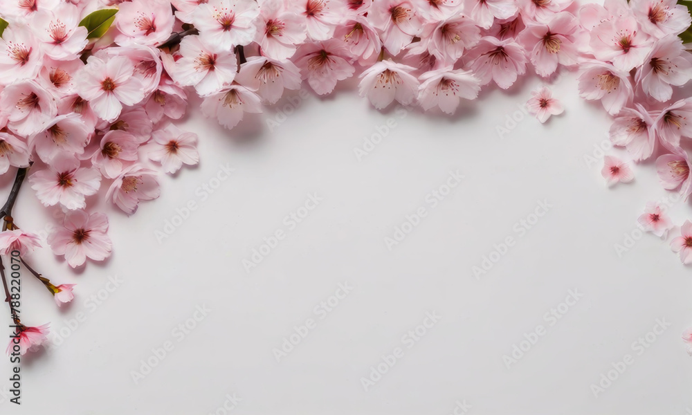 Banner with pink cherry flowers on light background. Flat lay, top view. Template for web, greeting card, wedding invitation, Mothers and Womans day. Floral composition with copy space. Banner with pink cherry flowers on light background. Flat lay, top view. Template for web, greeting card, wedding invitation, Mothers and Womans day. Floral composition with copy space.
