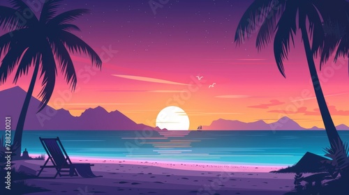 A beach scene with a chair and palm trees at sunset  AI