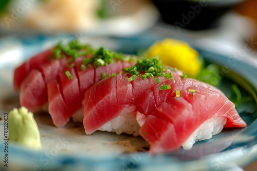 A detailed view of a plate filled with a variety of sushi rolls, showcasing the combination of fresh fish, rice, and colorful toppings, Bluefin tuna sushi on a fine china plate, AI Generated