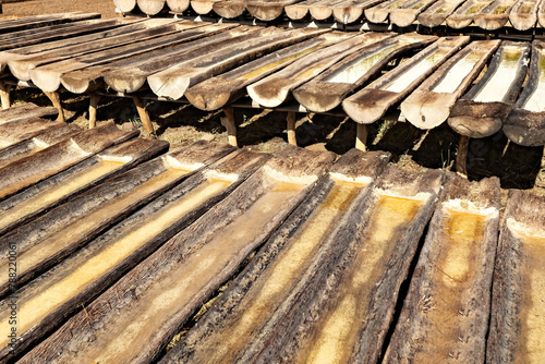 Wooden trays for the sea salt production in Amed, Bali