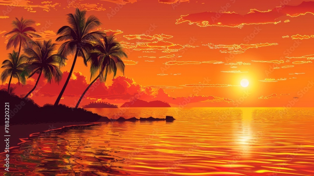 A sunset over the ocean with palm trees and a boat, AI